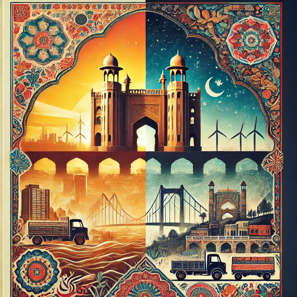 A visually stunning book cover design inspired by the book 'Clifton Bridge: Stories of Innocence and Experience from Pakistan'. The artwork features an iconic depiction of the Clifton Bridge in Karachi, surrounded by vibrant cultural motifs representing Pakistan's diverse heritage. The background transitions from the golden glow of sunrise to the deep hues of a starry night, symbolizing the themes of innocence and experience. Traditional patterns and elements like truck art, rustic streets, and a subtle silhouette of rural landscapes blend seamlessly. The title 'Clifton Bridge' is elegantly displayed in bold, traditional South Asian typography.